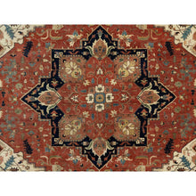 Load image into Gallery viewer, 12&#39;x15&#39;1&quot; Persian Red and Navy Blue Border, Antiqued Fine Heriz Re-Creation with Star Medallion Design, Hand Spun New Zealand Wool, Hand Knotted, Soft and Plush, Oversized, Oriental Rug FWR544452