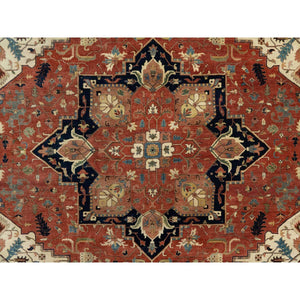 12'x15'1" Persian Red and Navy Blue Border, Antiqued Fine Heriz Re-Creation with Star Medallion Design, Hand Spun New Zealand Wool, Hand Knotted, Soft and Plush, Oversized, Oriental Rug FWR544452