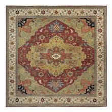 Load image into Gallery viewer, 14&#39;1&quot;x14&#39;1&quot; Cherry Red, Ivory Border, Antiqued Fine Heriz Re-Creation, Hand Knotted Hand Spun New Zealand Wool, Denser Weave and Natural Dyes, Plush Pile, Square, Oriental Rug FWR544458