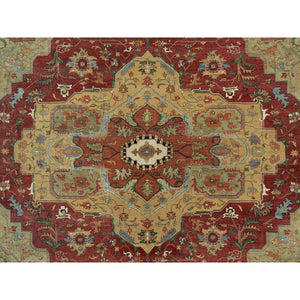 14'1"x14'1" Cherry Red, Ivory Border, Antiqued Fine Heriz Re-Creation, Hand Knotted Hand Spun New Zealand Wool, Denser Weave and Natural Dyes, Plush Pile, Square, Oriental Rug FWR544458