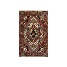 Load image into Gallery viewer, 2&#39;x3&#39;1&quot; Crimson Red, Antiqued Fine Heriz Re-Creation with Medallion Design, Denser Weave, Hand Spun New Zealand Wool, Hand Knotted, Mat, Oriental Rug FWR544470