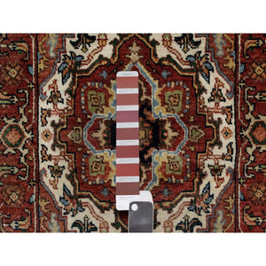 2'x3'1" Crimson Red, Antiqued Fine Heriz Re-Creation with Medallion Design, Denser Weave, Hand Spun New Zealand Wool, Hand Knotted, Mat, Oriental Rug FWR544470