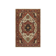 Load image into Gallery viewer, 3&#39;2&quot;x5&#39;2&quot; Chiffon Ivory with Prismatic Red, Densely Woven, Antiqued Fine Heriz Re-Creation, Geometric Medallion Design, Hand Knotted, Hand Spun New Zealand Wool, Oriental Rug FWR544488