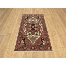 Load image into Gallery viewer, 3&#39;2&quot;x5&#39;2&quot; Chiffon Ivory with Prismatic Red, Densely Woven, Antiqued Fine Heriz Re-Creation, Geometric Medallion Design, Hand Knotted, Hand Spun New Zealand Wool, Oriental Rug FWR544488