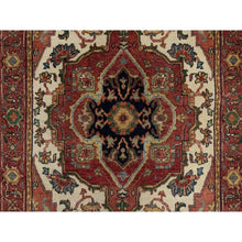 Load image into Gallery viewer, 3&#39;2&quot;x5&#39;2&quot; Chiffon Ivory with Prismatic Red, Densely Woven, Antiqued Fine Heriz Re-Creation, Geometric Medallion Design, Hand Knotted, Hand Spun New Zealand Wool, Oriental Rug FWR544488