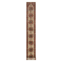 Load image into Gallery viewer, 2&#39;5&quot;x25&#39;6&quot; Parchment White with Cherry Red, Hand Spun New Zealand Wool, Antiqued Fine Heriz Re-Creation, Natural Dyes, Hand Knotted, Plush and Lush, Denser Weave, XL Runner, Oriental Rug FWR544500