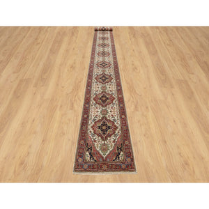 2'5"x25'6" Parchment White with Cherry Red, Hand Spun New Zealand Wool, Antiqued Fine Heriz Re-Creation, Natural Dyes, Hand Knotted, Plush and Lush, Denser Weave, XL Runner, Oriental Rug FWR544500