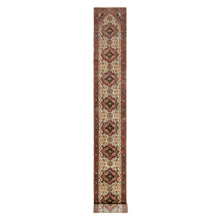 Load image into Gallery viewer, 2&#39;7&quot;x25&#39;5&quot; Pearl White and Crimson Red, Hand Knotted, Antiqued Fine Heriz Re-Creation with Geometric Medallions Design, Hand Spun New Zealand Wool, Denser Weave, XL Runner, Oriental Rug FWR544506