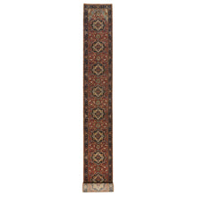 Load image into Gallery viewer, 2&#39;7&quot;x28&#39; Brick Red with Navy Blue Border, Hand Knotted, Antiqued Fine Heriz Re-Creation, Denser Weave, Natural Dyes, Hand Spun New Zealand Wool, XL Runner, Oriental Rug FWR544524