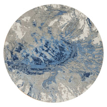 Load image into Gallery viewer, 7&#39;9&quot;x7&#39;9&quot; Indigo Blue with Goose Gray, Abstract Galaxy Design with Hi and low Pile, Hand Knotted, Wool and Silk, Round Oriental Rug FWR544806