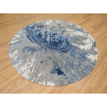 Load image into Gallery viewer, 7&#39;9&quot;x7&#39;9&quot; Indigo Blue with Goose Gray, Abstract Galaxy Design with Hi and low Pile, Hand Knotted, Wool and Silk, Round Oriental Rug FWR544806