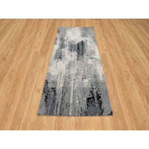 2'7"x6'4" Sable Black with Parchment White, Abstract Design, Wool and Silk, Hand Knotted, Soft to Touch, Runner Oriental Rug FWR544866