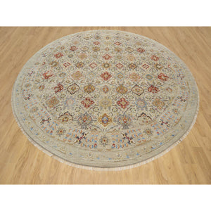 11'10"x11'10" Biscoti Beige, Hand Knotted, The Sunset Rosettes, Wool and Pure Silk, Soft Colors, Round, Oriental Rug FWR544878