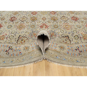 11'10"x11'10" Biscoti Beige, Hand Knotted, The Sunset Rosettes, Wool and Pure Silk, Soft Colors, Round, Oriental Rug FWR544878