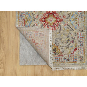 2'7"x26' Biscoti Beige, The Sunset Rosettes, Wool and Pure Silk, Hand Knotted, Soft Colors, XL Runner, Oriental Rug FWR544908