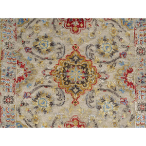 2'7"x26' Biscoti Beige, The Sunset Rosettes, Wool and Pure Silk, Hand Knotted, Soft Colors, XL Runner, Oriental Rug FWR544908