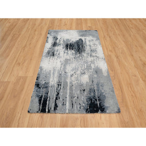 3'1"x5'3" Black with Touches of Ivory, Abstract Design, Wool and Silk, Hand Knotted, Oriental, Rug FWR544914