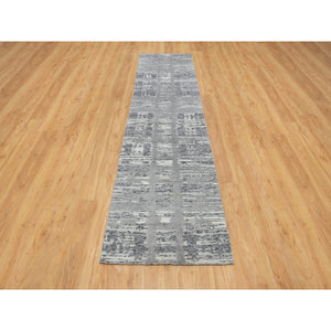 2'6"x10' Ash Gray, Hand Spun, Undyed Natural Wool, Modern Design, Hand Knotted, Runner, Oriental Rug FWR545058