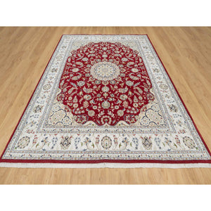 7'10"x10'3" Falu Red, Wool and Silk, 250 KPSI, Nain with Center Medallion Flower Design, Hand Knotted, Oriental Rug FWR545124