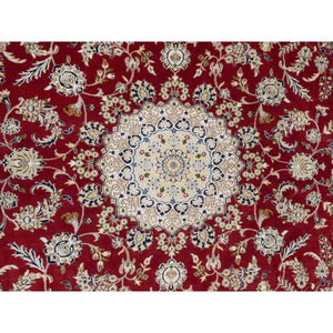 7'10"x10'3" Falu Red, Wool and Silk, 250 KPSI, Nain with Center Medallion Flower Design, Hand Knotted, Oriental Rug FWR545124