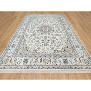 9'x12'3" Spring White, Hand Knotted, 250 KPSI, Nain with Center Motif Flower Design, Wool and Silk, Oriental Rug FWR545142