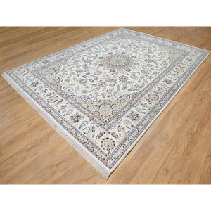 9'x12'3" Spring White, Hand Knotted, 250 KPSI, Nain with Center Motif Flower Design, Wool and Silk, Oriental Rug FWR545142