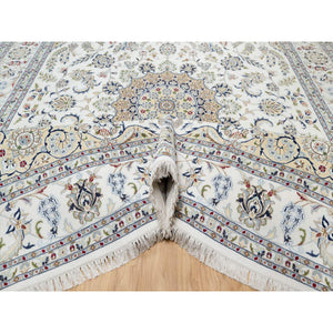 9'x12'3" Spring White, Hand Knotted, 250 KPSI, Nain with Center Motif Flower Design, Wool and Silk, Oriental Rug FWR545142