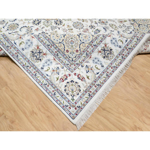 9'x12'3" Spring White, Hand Knotted, 250 KPSI, Nain with Center Motif Flower Design, Wool and Silk, Oriental Rug FWR545142