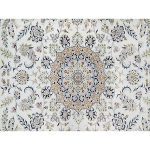 9'x12'3" Spring White, Hand Knotted, 250 KPSI, Nain with Center Motif Flower Design, Wool and Silk, Oriental Rug FWR545142