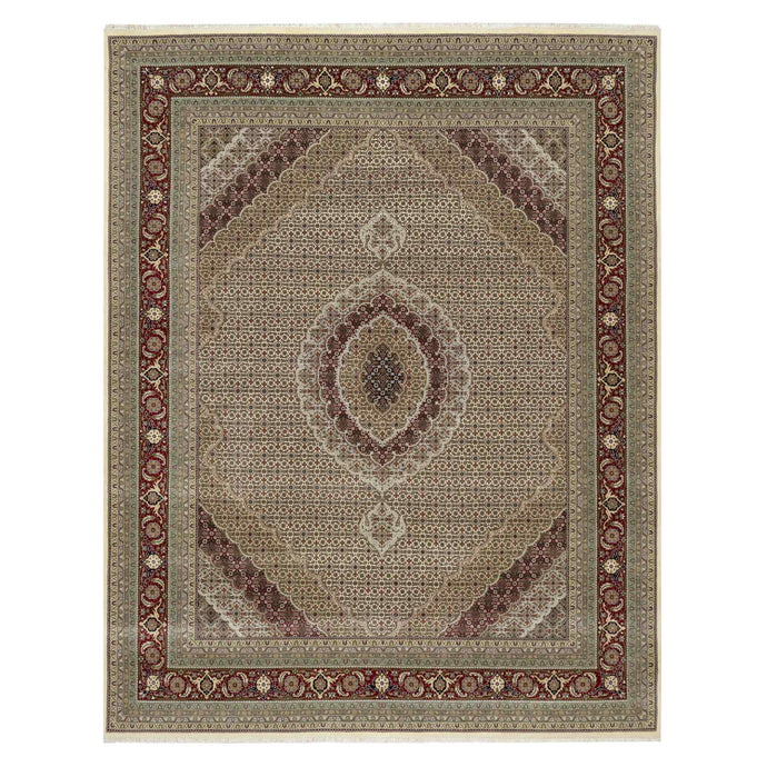 8'x10' Photon White, Super Mahi with Large Medallion, Hand Knotted, Wool and Silk, 250 KPSI, Oriental Rug FWR545172