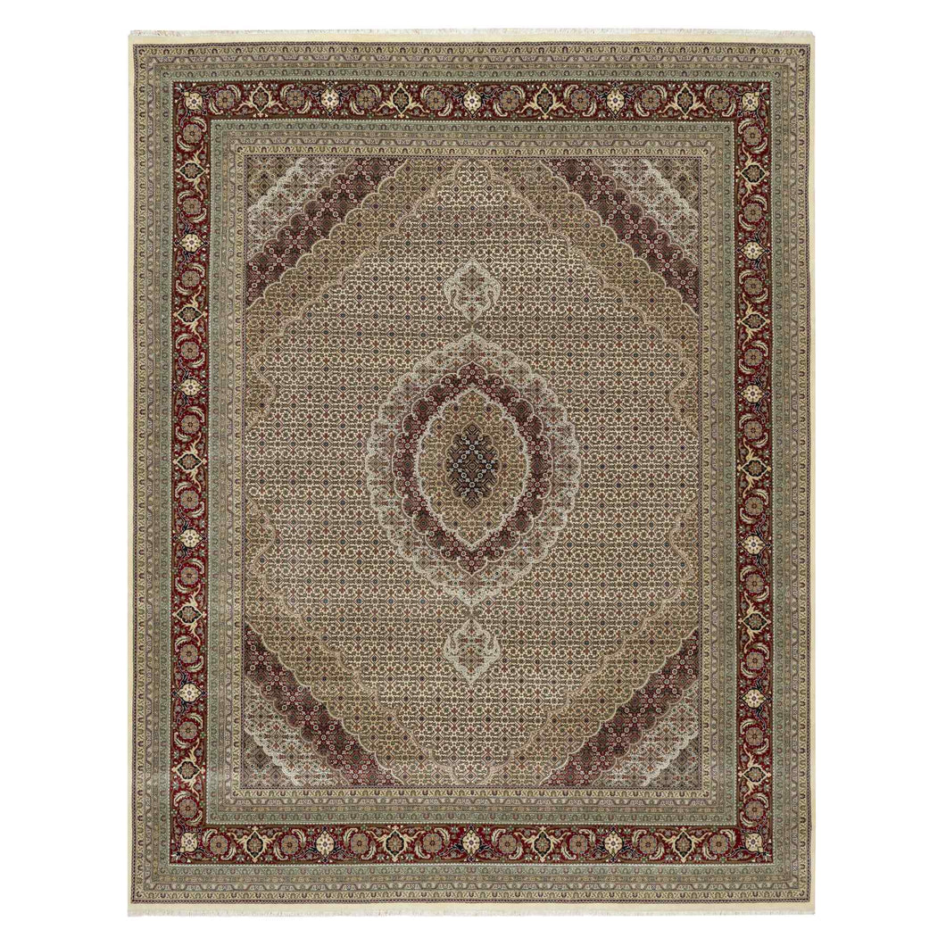 8'x10' Photon White, Super Mahi with Large Medallion, Hand Knotted, Wool and Silk, 250 KPSI, Oriental Rug FWR545172