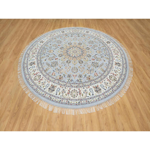 9'x9' Beau Blue, Hand Knotted, Nain with Large Center Medallion, 250 KPSI, Wool and Silk, Round, Oriental Rug FWR545202