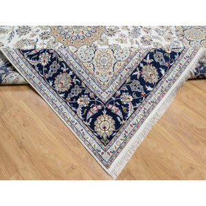 7'10"x10'1" Stone White, Nain with Center Medallion Flower Design, 250 KPSI, Super Fine Weave, Wool and Silk, Hand Knotted, Oriental Rug FWR545208