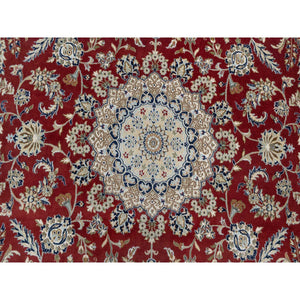 8'9"x12' Falu Red, Nain with Center Medallion Flower Design, Hand Knotted, Wool and Silk, 250 KPSI, Oriental Rug FWR545214