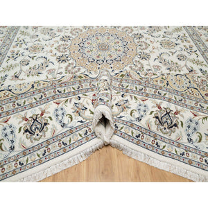 9'9"x13'9" Spring White, 250 KPSI, Nain with Center Motif Flower Design, Wool and Silk, Hand Knotted, Oriental Rug FWR545226