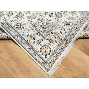 9'9"x13'9" Spring White, 250 KPSI, Nain with Center Motif Flower Design, Wool and Silk, Hand Knotted, Oriental Rug FWR545226