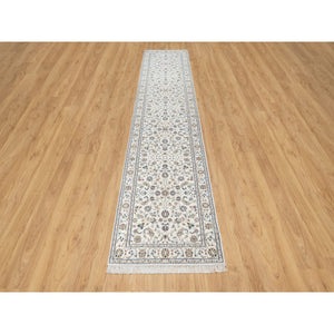 2'7"x12'2" Natural White, 250 KPSI, Wool and Silk, Nain All Over Floral Design, Hand Knotted, Runner, Oriental Rug FWR545238