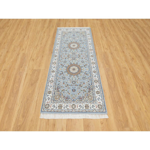 2'8"x6'6" Beau Blue, Nain with Large Center Medallion, 250 KPSI, Hand Knotted, Wool and Silk, Runner, Oriental Rug FWR545268