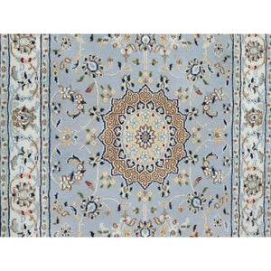 2'8"x6'6" Beau Blue, Nain with Large Center Medallion, 250 KPSI, Hand Knotted, Wool and Silk, Runner, Oriental Rug FWR545268