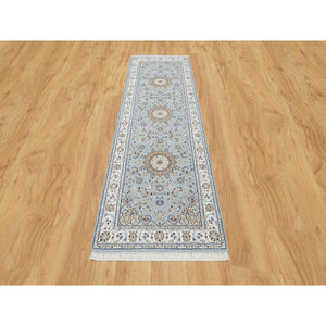 2'8"x8'3" Beau Blue, 250 KPSI, Wool and Silk, Hand Knotted, Nain with Large Center Medallion, Runner, Oriental Rug FWR545274