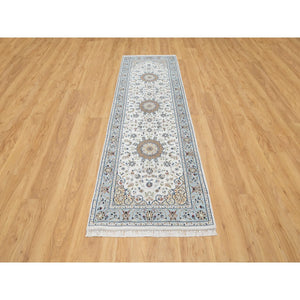 2'8"x8'3" Stone White, Hand Knotted, 250 KPSI, Nain with Center Medallion, Wool and Silk, Runner, Oriental Rug FWR545286