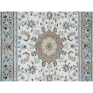 2'8"x8'3" Stone White, Hand Knotted, 250 KPSI, Nain with Center Medallion, Wool and Silk, Runner, Oriental Rug FWR545286