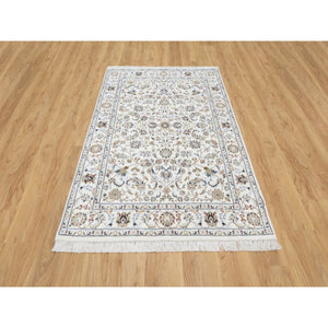 4'1"x6'1" Vivid White, 250 KPSI, Wool and Silk, Nain All Over Floral Design, Hand Knotted, Oriental Rug FWR545298