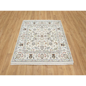 4'2"x4'2" Isabelline White, Nain All Over Floral Design, 250 KPSI, Wool and Silk, Hand Knotted, Square, Oriental Rug FWR545304