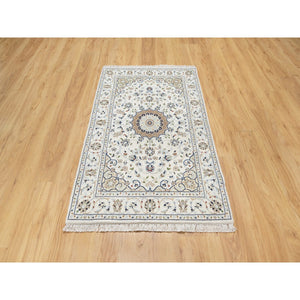 2'9"x4'1" Polar Bear White, Nain with Large Medallion Design, 250 KPSI, Wool and Silk, Hand Knotted, Oriental Rug FWR545316