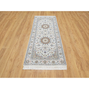 2'7"x6'1" Spring White, 250 KPSI, Hand Knotted, Nain with Center Motif Flower Design, Wool and Silk, Runner, Oriental Rug FWR545352