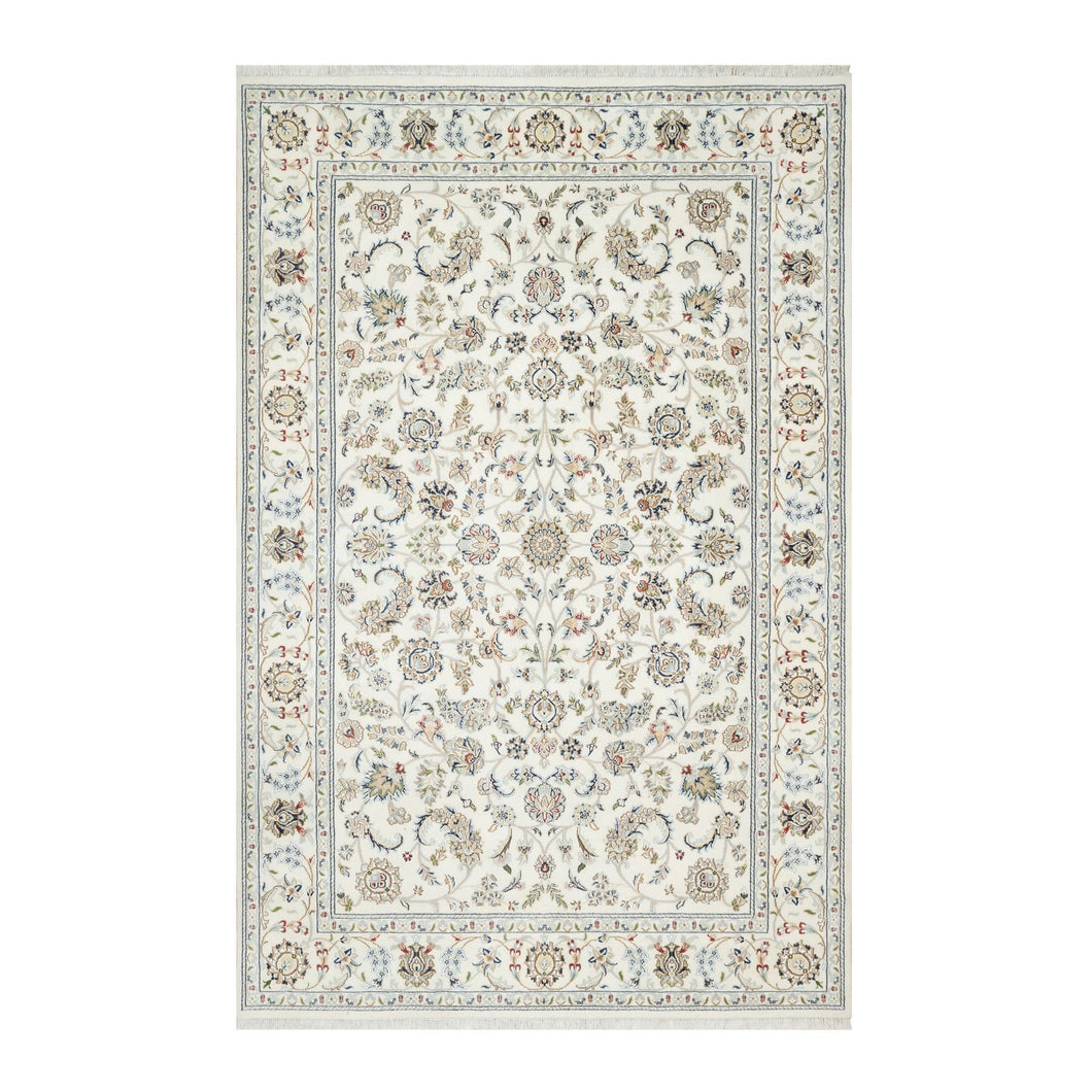 6'x9' Isabelline White, Wool and Silk, Hand Knotted, Nain All Over Floral Design, 250 KPSI, Oriental Rug FWR545382