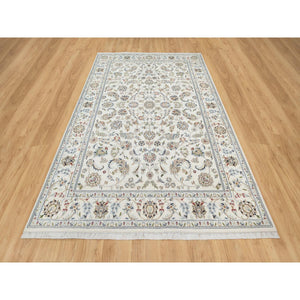 6'x9' Isabelline White, Wool and Silk, Hand Knotted, Nain All Over Floral Design, 250 KPSI, Oriental Rug FWR545382