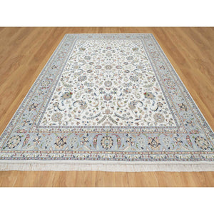 8'7"x12' Rice White, 250 KPSI, Nain All Over Flower Design, Wool and Silk, Hand Knotted, Oriental Rug FWR545388