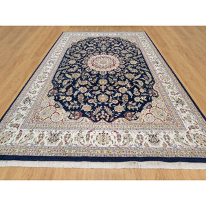 9'8"x14'2" Vulcan Blue, Hand Knotted, Nain with Center Medallion Flower Design, 250 KPSI, Wool and Silk, Oriental Rug FWR545394